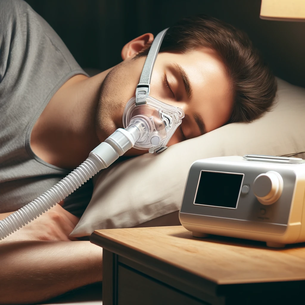 DALL·E 2024 05 31 11.39.10 A person using a CPAP machine while sleeping. The scene includes a bedside table with the CPAP device connected via a hose to a nasal mask worn by th