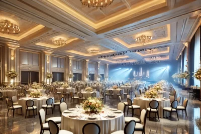 DALL·E 2024 08 05 19.16.38 An elegant event venue setup showcasing a perfect blend of modern and classic styles. The venue features a spacious hall with high ceilings and large