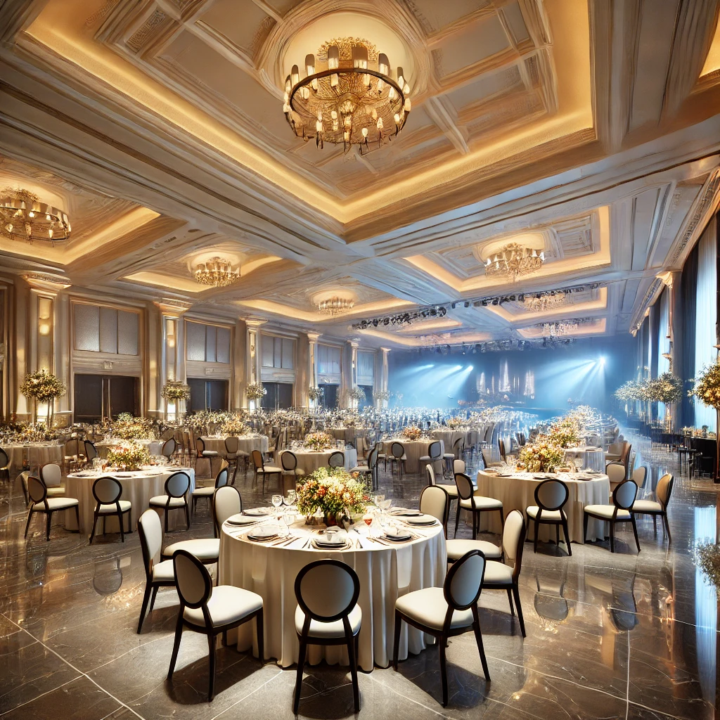 DALL·E 2024 08 05 19.16.38 An elegant event venue setup showcasing a perfect blend of modern and classic styles. The venue features a spacious hall with high ceilings and large