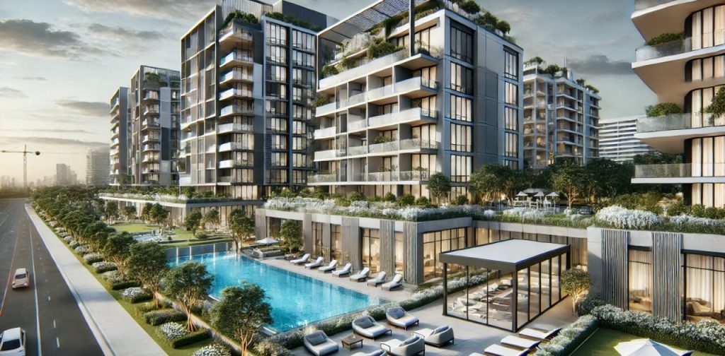 batch DALL·E 2024 08 29 17.44.25 A luxurious high end apartment building set in a modern urban environment. The building has a sleek contemporary design with large glass windows bal 1